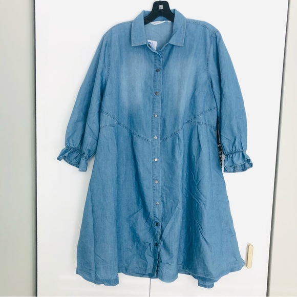 Light wash denim looking apron flare dress with big front pockets button down - Picture 17 of 17